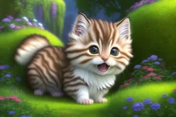 pixar style, volumetric garden environment and background, realistic painting of a cute tabby munchkin shorthair kitten laying on the ground, looking excited, detailed digital painting, extreme dense and fine fur, anime, ornate, colour-washed colors, elegant, small minutiae, tiny features, particulars, centered, smooth, sharp focus, renderman gofur render, 8k, uhd, detailed eyes, realistic shaded volumetric lighting, sunlight caustics, backlight, centered camera view, fur-tastic art by sam curry