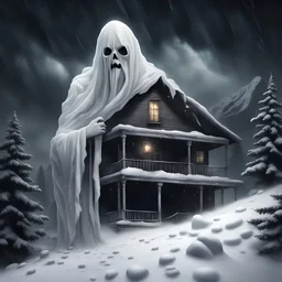 Hyper Realistic white ghost with a sad man on the top of a mountain & an abandoned dark house at heavy snowfall night