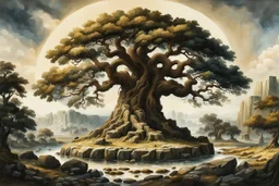 museum quality oil with watercolor underpainting of Yggdrasil, the world tree towering over a circle of ancient Druidic standing stones , in the style of Karl Bodmer, and Winslow Homer, rendered as an aquatint, with a fine art aesthetic, highly detailed , 8k UHD cinegraphic realism, dramatic natural lighting, isometric view