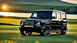 A sleek (((g wagon))) Fully slammed Customizing, cutting through a (sunny, open countryside) backdrop