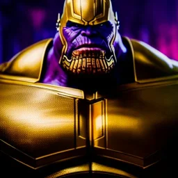 fullbody portrait in oil on canvas of Thanos with Big Golden Hulkbuster armor, intense stare, masterpiece, realistic, intricate detail, sci-fi fantasy style, volumetric lighting, particles, highly detailed ,cinematic , deep colours, 8k, by Caravaggio