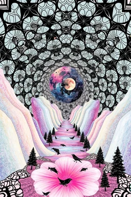 Cosmological escape route; undersides of pretty colors covered in repeating black optical patterns inspired by M.C. Escher with interlocking geometric tessellations that transition from abstract shapes into the forms of small birds and fish as they move outward along flower petals and trees in nature
