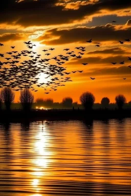 sunset with flying birds