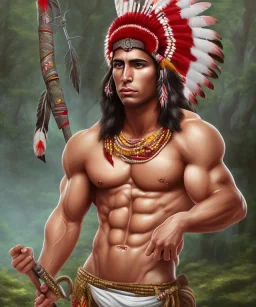 Guaicaipuro, native american god warrior, long black hair, big muscles, red feathers headdress, shirtless, holding a stone tip spear