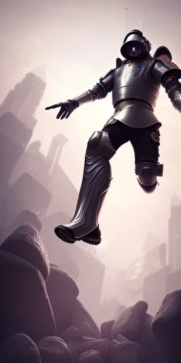 a full body portrait, cyberpunk warrior, wearing boots and helmet, jumping through the air in the style of Carlos Ortega Elizalde, Ahmad Merheb