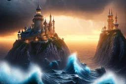 An illuminated city at top on a rough cliff at the stormy sea at sunset, 8k resolution, high-quality, fine-detail, intricate, fantasy art, detailed matte, volumetric lighting, illustration, 3D