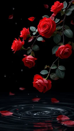 The image is a digital artwork that depicts a branch of tree of Red roses and leaves tangling in to a water in the river with aThe rose floats on the surface of the water, creating a wave-like effect. The background is black, which makes a branch of a tree of red roses stand out even more. Water droplets are scattered adding to the dreamy, ethereal quality of the image.all leaves and background are red