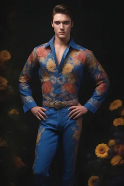 18-year-old Elvis Presley, full body portrait, 6'5". 220lbs, extremely muscular,18-year-old Elvis Presley has great big giant muscles, blue eyes, skintight, formfitting high-collared jumpsuit with floral designs, smirking, pitch black background, multicolored spotlight, Photorealistic, realistic stock photo, Professional quality Photograph. Fog, Clouds, mist.