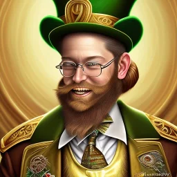 portrait of leprechaun man,, beard,top hat,elegant gold and green suit,smiling, by Chie Yoshii