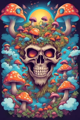 Psychedelic monkey skull looking high and grinning, surrounded by clouds and overgrown with psychedelic mushrooms. Birds flying around the skull. Digital drawing. Colorful. t-shirt design. Cartoon. Digital cartoon. Mid detailed. Super happy. Cheerful. Light hearted. Colorful. Vibrant colours.