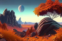 autumn vegetation, exoplanet in the horizon, big stones, cliff, science fiction.