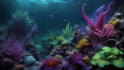 animals creatures, plants from subanautica from deep sea, leviathan's a lot of sea plants very deep, beautiful, river of magma, green, purple, blue, view from a far