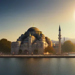 Sultanahmet Istanbul standing back to back under sky, landscape lake, sunset, illustration concept art anime