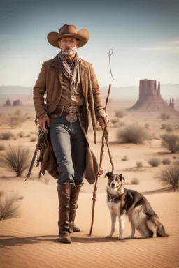 Full body cowboy in a desert with a dog and fancy walking stick