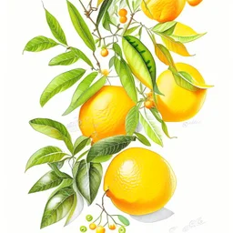 Drawing of citrus fruits, branches with leafs oranges realistic, colors, vibrant, white background, structured paper