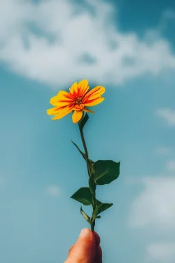 holding a flower to a greenish sky