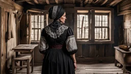 in front of the picture from the back, an middle-aged brown hair woman in a black vintage hungarian folk dress in black woman headscarf , her standing in villager room and looking at a wooden cross on the wall , old village environment, rustic rammed floor, lace curtains, sad atmosphere, high detailed, sharp focus, high realistic, perfect photo