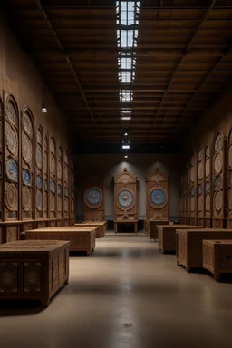 A brown warehouse with clocks designed in Mehndi design painted by the Limbourg brothers