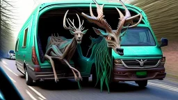 lovecraftian styled resurrected deer seeks revenge on the Lady driving the Budget Moving Van