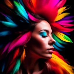 A woman's face covered in colorful feathers. The feathers are all different colors and shapes, and they are arranged in a way that creates a sense of movement. The woman's eyes are closed, and she appears to be lost in thought.