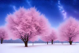 arbres roses et petites fleurs roses et avec petits points de lumière dans un ciel de nuit étoilée avec la voie lactée et sous la neige , HD, 8k