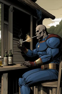 Darkseid smoking a cigar and drinking a glass of whiskey on the porch of the house.