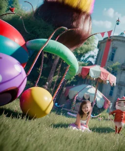 Wes Anderson photographer, Ultra realistic garden scene, wide angle view, child playing with feather pillows and sweet inflatable monsters, circus dress style, feather color, free jumping, many trinkets, hair monster, many jelly beans, balls, smile, extreme, wind, soft color, highly detailed, unreal engine 5, ray tracing, RTX, lumen lighting, ultra detail, volumetric lighting, 3d, finely drawn, high definition.