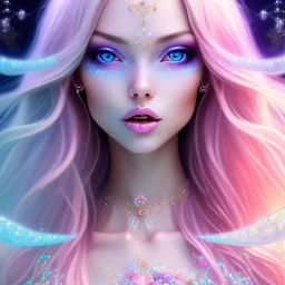  beautiful, soft, whide smile face,whole head,see full head, long blonde straight hair, blue eyes, fairy wings on the back, transparent crystal blue and pink clothes, background blue and pink, big definition, 8K