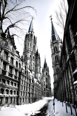 gothic metropolis in snow perspective from ground