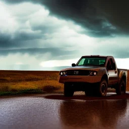 hyperrealistic shot, off-road truck, speeding, earth color palette, sharp focus, puddle reflection, tire water splash, refraction, rain and lightning on the horizon, shadowcast, detailed and intricate, cinematic composition, tilt shift photography