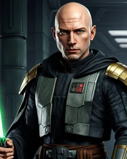 star wars bald male corellian jedi pilot wearing black and gunmetal grey old republic armored robes with gold trim inside the jedi temple holding a lightsaber with viridian green blade in left hand, centered head and shoulders portrait, hyperdetailed, dynamic lighting, hyperdetailed background, 8k resolution, volumetric lighting, light skin, fully symmetric details