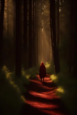 color photo of "Rot∙käppchen encountering the wolf in the forest" In the heart of the enchanting forest, the innocent Rot∙käppchen wanders along the dappled path, oblivious to the lurking danger. The sunlight filters through the tall trees, casting a warm glow on the scene. Suddenly, the menacing figure of the wolf emerges from the shadows, fixated on Rot∙käppchen. With a sly smile, the wolf gazes upon the unsuspecting girl, its intentions hidden behind a facade of false friendliness. Rot∙käppch