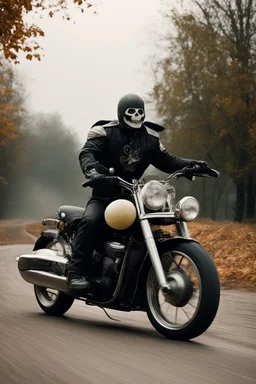 [very impressive high res masterpiece in Kodak Eastman 5247, scene by László Krasznahorkai] a halloween fruit driving a motorbike in a gigantic creamy cake