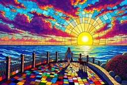 create a vibrant mosaic seaside promenade at sunrise, dazzling rainbow-colored tile path, glowing stained glass sun rising over a dynamic blue sea, wild stained glass sky in purples, oranges, and reds, a blonde girl walking with her dog along the path, vivid explosive colors --ar 3:2 --v 7 --style raw