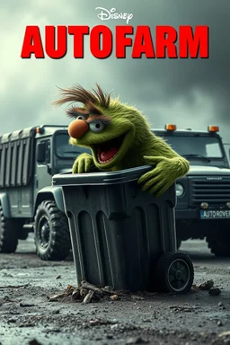 EUROPEAN Oscar the AUTOFARM Grouch SESEME ST CHARACTER IN LARGE GARBAGE TRASH BIN,GARBAGE TRASH BIN, side profile, "GARBAGE TRASH BIN IN FRONT" man in super blackscary (((((autofarm)))))) TITLE in movie poster movie style horror look. as five headed mouth open, rough teeth, turn head around, landrover crash in background(&*&*^%$^#%$#%$^%$#^#$#^%#$^$#