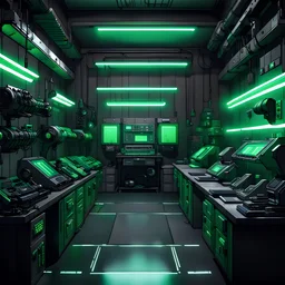 cyberpunk weapon manufacturing room, simple design, clean layout, muted lights, soft lighting, green and black color, black shading, grey lighting, dark