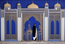 an open gothic_Arab gate in a blue-tiled wall with a view of an old city by artist "Beardsley",by artist "Rachman",by artist "Kay Nielson",by artist "Bertha Lum",by artist "Dulac",by artist "Erte"