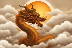 brown chinese dragon flying among wisps of clouds with yellow-orange sunset