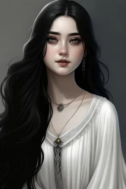 a 16 year old woman, white skin, long wawy black hair, beautiful round face, black eyes, in a white dress, realistic epic fantasy style