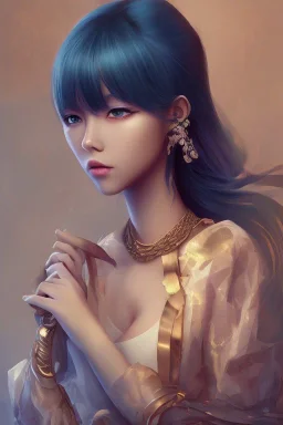 k-pop girl, dramatic lighting, blue hair, hd