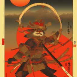 Single Samurai Japanese Ukiyo-e, red sun in the background