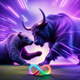 brightly coloured 3D infinity symbol ∞, bull with horns on right fighting with a bear on left, bull is winning, DSLR with a 80mm lens f/16 and a slow shutter speed of 1/15s, realistic photograph, striking, neon, vibrant, chiaroscuro, dramatic, captivating, high-tech, powerful, fantasy, beautiful, octane render, 16k post-production, award-winning photo: atmospheric: commanding: clarity: ultra quality: striking: brilliance: stunning colors: amazing depth