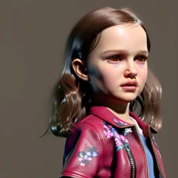 Natalie portman toddler, full body, leather jacket, floral shirt, floral skirt, shoe, soft skin, dramatic lighting, hyper realistic