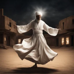 Hyper Realistic Sufi Whirling with Brown & White Islamic Sufi Rustic Grungy in a dark-abandoned-ghost-town-of-desert at dark night