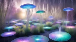 iridescent ufos around, white ethereal willow leaves garden