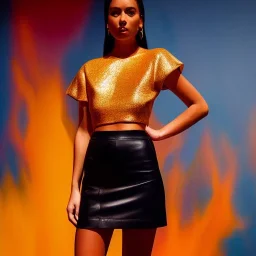 Full body portrait, painting, medium shot lady volumetric molten gold cropped top and miniskirt