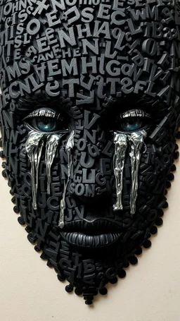 Bosch style painting , A balled face in details . The texture of the face is a collage of many 3D black random letters covering the whole face and the eyes are covered by waterfalls