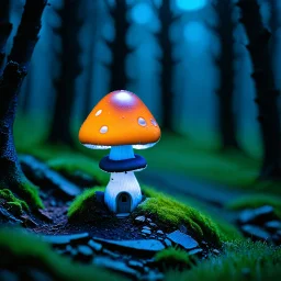 "Close up of a wonderful tiny Mushroom Tower home. Orange and blue with bright white, deep black and contrasting tones of gray. Illuminated bioluminescent forest. Professional painter, master at composition. small but detailed. broken, blurred background, voluminous lighting"