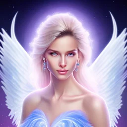 portrait of a beautiful woman with an angel face smiling, pink and blue dress, jewels, soft light aura