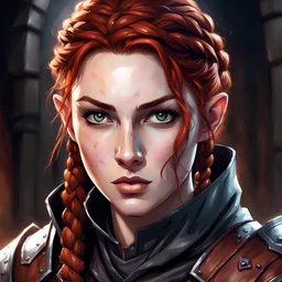 dungeons & dragons; portrait; headshot; female; teenager; pale skin; auburn hair; gray eyes; one braid; leather armor; hood; thief; shadows; cute; freckles